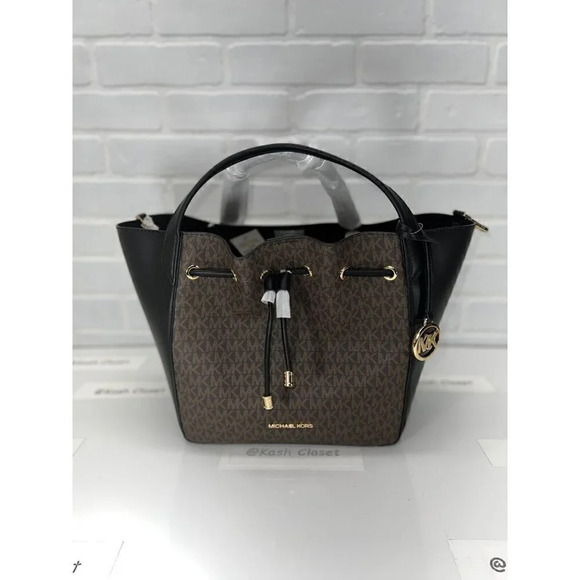 Michael Kors Phoebe Bucket Tote Bag Drawstring Large Purse Logo Brown Black - Picture 1 of 10